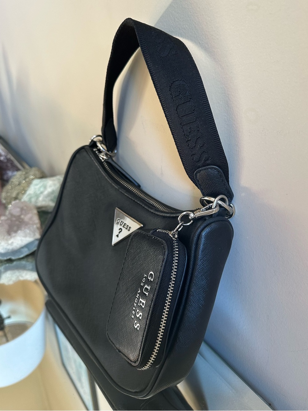 GUESS Black Shoulder Bag with Logo Triangle and Zip Charm - Picture 5 of 9